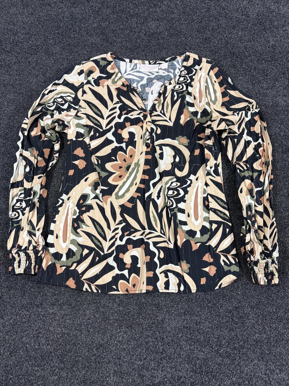 Belle Boho Kim Gravel Blouse Womens XS Multicolor Paisley Henley Long Sleeve